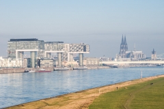 Blick von der Südbrücke über die Poller Wiesen und Rhein auf die neuen und das alte Wahrzeichen Kölns